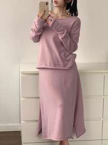 DAZY Women's Two Pieces Set- Solid Color Loose Fit Long Sleeve Sweater And Long Pleated Skirt - Pink - View 4