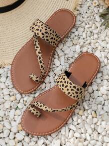女式夏季豹紋紋趾環平底拖鞋,軟底,舒適涼爽滑動 - 棕色 - 查看 5