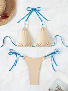 SHEIN Swim 女士色塊頸後系三角泳裝,細繩細節設計,方形環環相扣的兩件式泳衣,適用於海灘度假 - 卡其色 - 查看 3