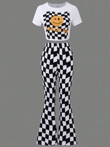 Explorewe 少女格紋和臉部印花短袖 T 恤和喇叭褲套裝 - 黑與白 - 查看 1