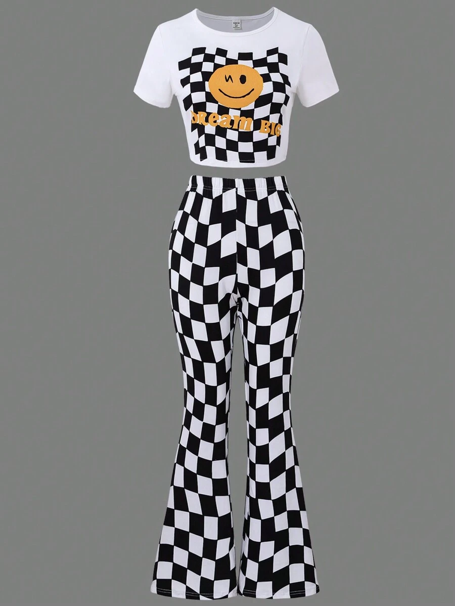 Explorewe 少女格紋和臉部印花短袖 T 恤和喇叭褲套裝 - 黑與白 - 查看 1