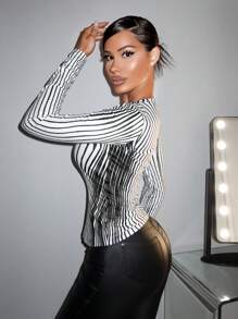 SHEIN SXY Của phụ nữ Thời trang Đường phố Sợi dây In Gợi cảm Tay áo dài Áo thun - Đen và trắng - Xem 4