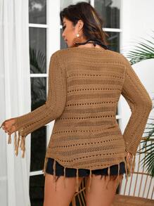 SHEIN Clasi Cárdigan De Punto Grande Con Encaje Anudado Y Ojales Con Cordones - Caqui - Ver 2