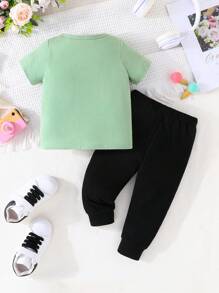 Baby Girl 2pcs Simple Casual Unicorn Printed Short Sleeve T-Shirt And Long Pants Combo Set For Spring/Summer - Multicolor - View 3