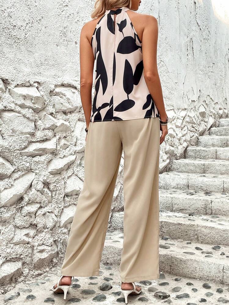 Random Printed Halter Top And Casual Pants Set