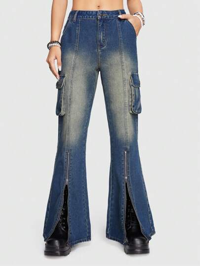 Grunge Punk Women'S Vintage Flared Jeans With Side Pockets And Cargo Design