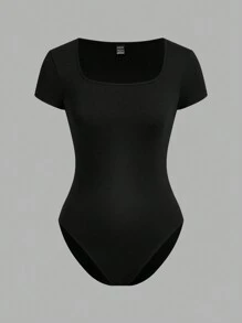 SHEIN EZwear 2pcs/Set Square Collar Short Sleeve Simple Casual Bodysuit For Women, Summer - Black and White - View 3