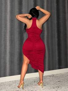 Slaydiva Vestido midi elegante rojo con cuello de halter, ajustado, fluido, con recortes, drapeado y abertura lateral para mujer, adecuado para el Día de San Valentín, fiestas y citas - Rojo - Ver 3