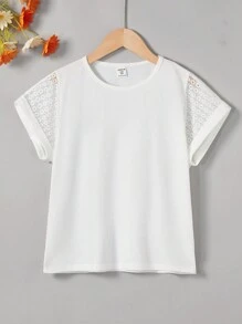 SHEIN Tween Girls' Knitted Solid Color Round Neck Loose Fit Vacation T-Shirt - White - View 7