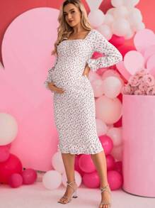 SHEIN Maternity Floral Print Shirred Dress With Long Sleeves - Pink - View 1