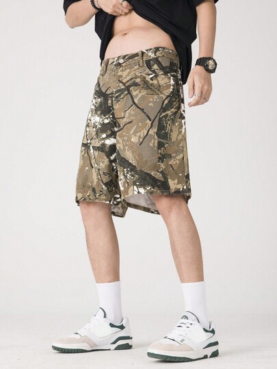Street Life Men's Tree Print Denim Shorts For Daily Wear In Spring And Summer