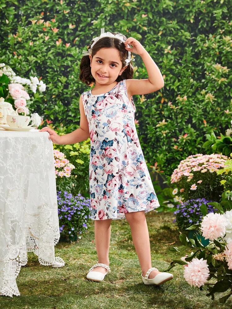 Young Girl Round Neck Mesh Puff Sleeve Dress With Floral Print Round Neck Sleeveless Dress Inside Plus Floral Print Hairband 3pcs Set