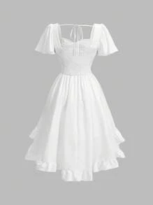 SHEIN MOD 女士纯色甜心领口交叉系带荷叶边不对称复古下摆连衣裙 - 白色 - 查看 2