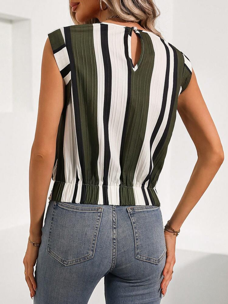 Asymmetrical Stripe Wave Texture Shirt With Hem Closure And Bow Tie Waist For Casual And Workwear Women