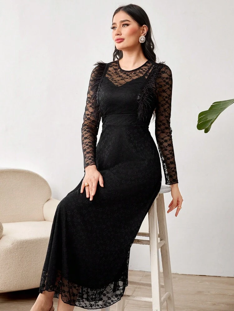 Women's Lace Patchwork Furry Dress Long Evening Dresses Fall Cloth For Women