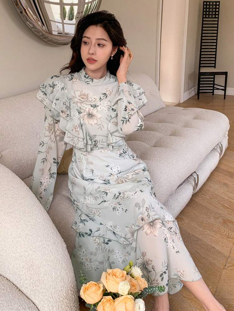 Flower Print Stand Collar Ruffle Hem Dress, Fall Dress Long Sleeve Dress Floral Dress