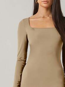 RueChic Solid Color Slim Fit Long Sleeve Dress - Apricot - View 5