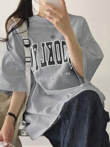 DAZY Áo thun nữ dáng rộng in chữ, áo thun cỡ lớn mùa hè, áo thun họa tiết - Xám - Xem 4