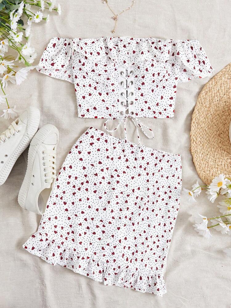 Heart Printed Tie Front Shoulder Top And Skirt Set