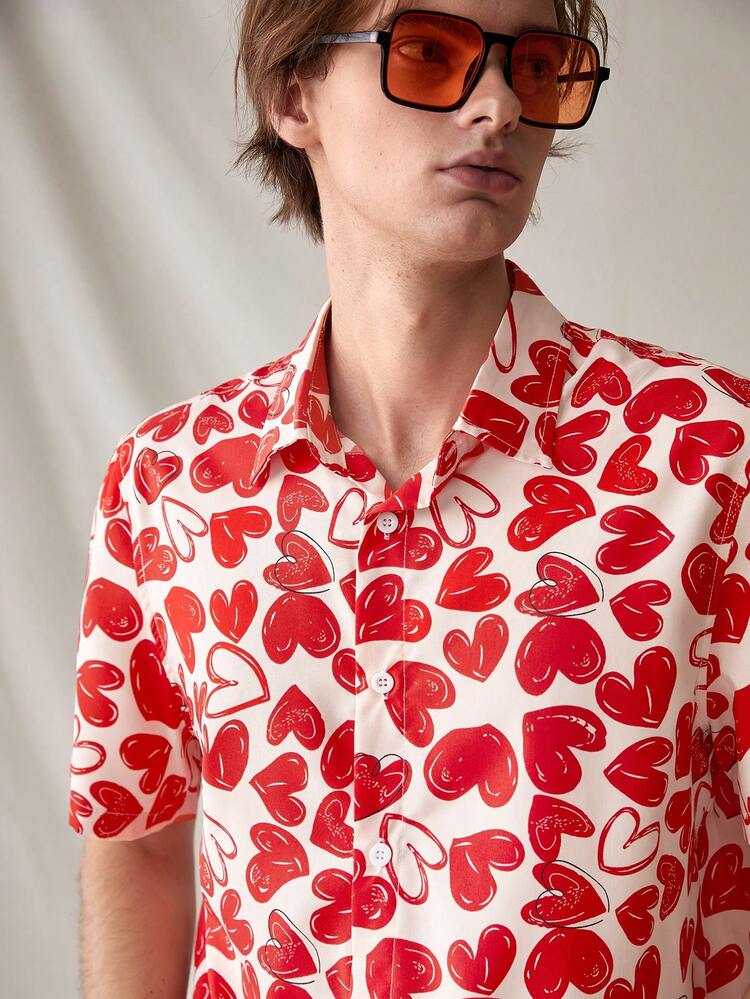 Men'S Casual Woven Shirt With Heart Print Pattern
