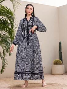 Mulvari Full-Printed Notched Neck Long Sleeve Dress - Black - View 5