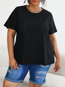 SHEIN CURVE+ Plus Size Round Collar Solid Color Shirt With Eyelet Detailing Embroidery