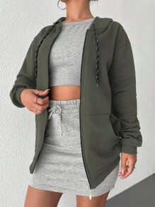 SHEIN Cottnline Sudadera Con Capucha De Cuello Caído Y Cordón De Color Sólido Para Mujer - Caqui - Ver 5