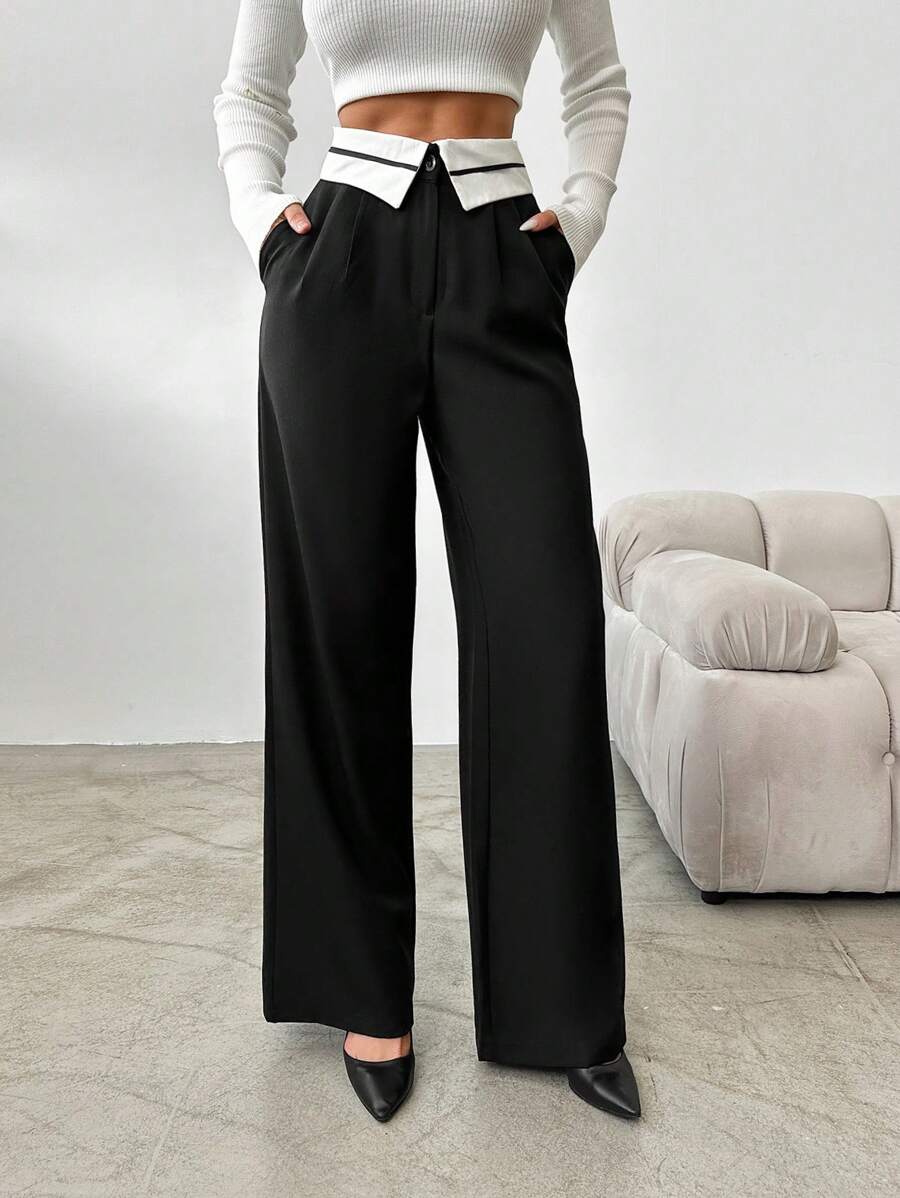 EURMUSE Spring And Autumn Loose And Drape Wide-Leg Suit Pants With Fold-Over Waistline And Floor-Length - Black - View 1
