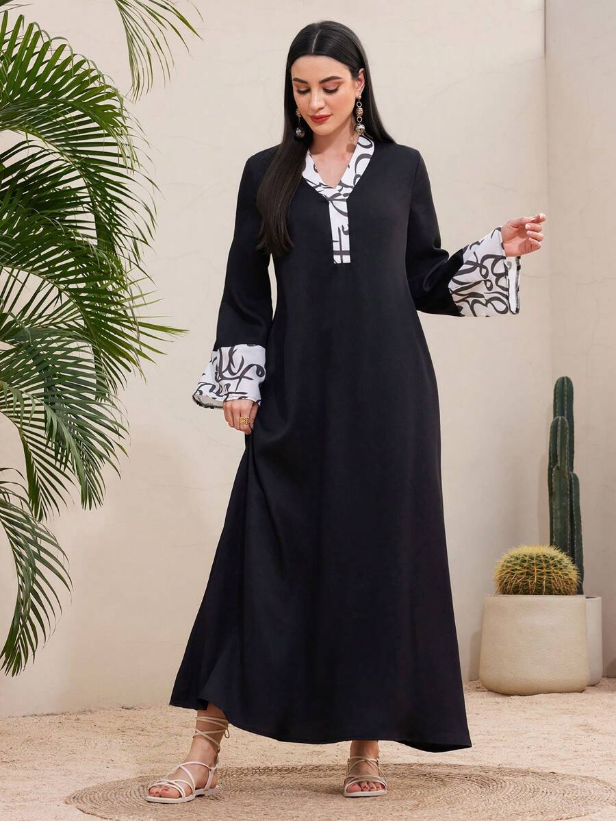 Al Najma Patchwork Trim V-Neck Casual Dress - Black - View 1