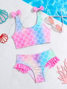 SHEIN Young Girls' Swimwear Set, Mermaid Fish Scale Design Bowknot Bikini Kids Swimming ,Kids Beachwear