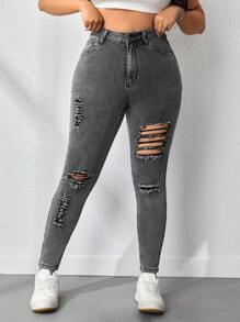 Plus Size Women's Distressed Denim Jeans - Light Grey - View 1