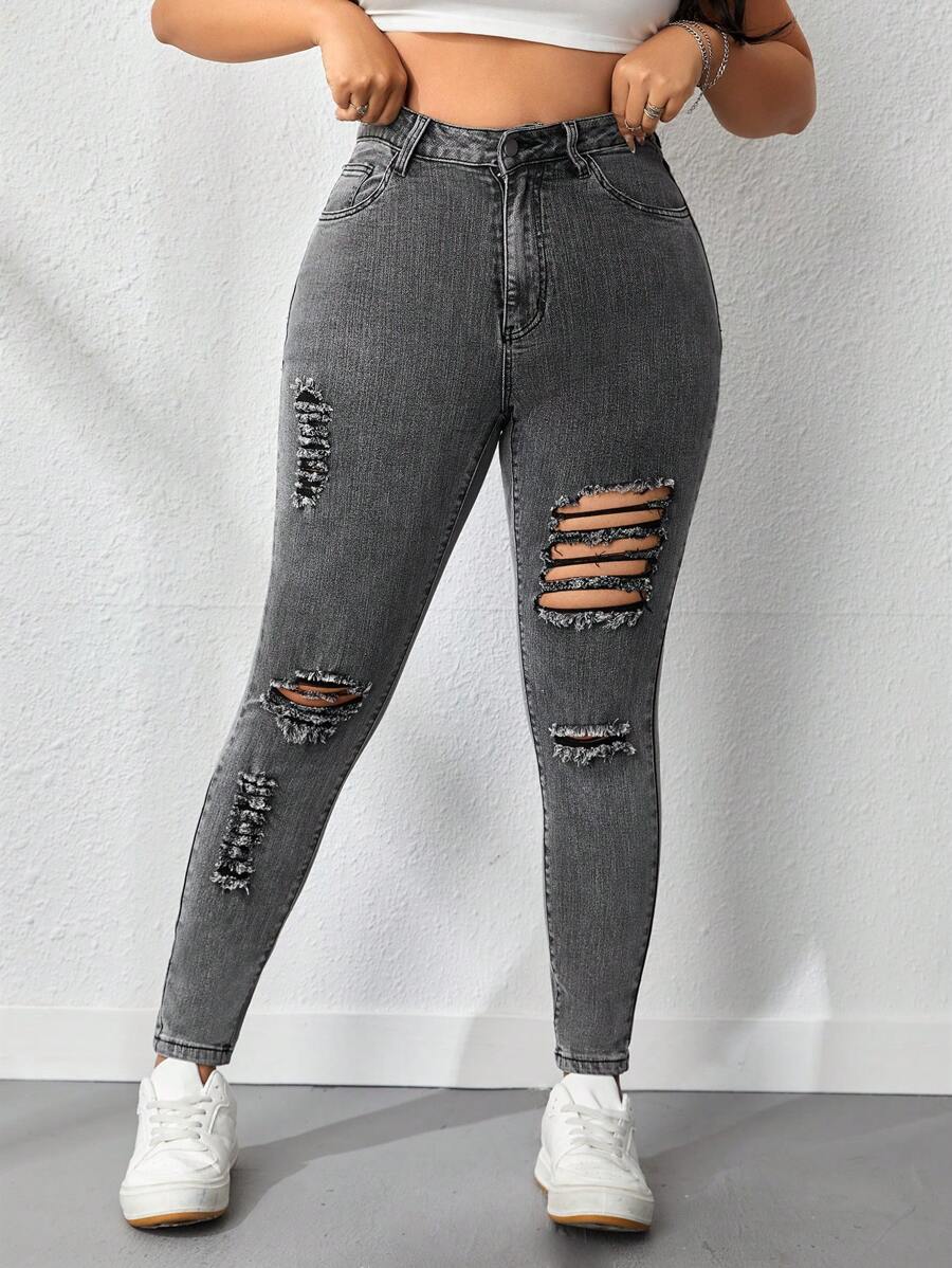 Plus Size Women's Distressed Denim Jeans - Light Grey - View 1
