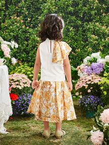 SHEIN Bộ áo cổ đứng thêu hoa có viền xếp nếp và chân váy xếp ly họa tiết hoa cho bé gái - Nhiều màu - Xem 2