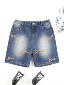青少年男孩磨損沙洗字母刺繡牛仔短褲