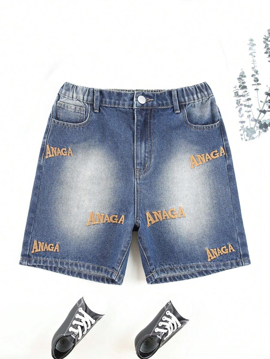 青少年男孩磨損沙洗字母刺繡牛仔短褲