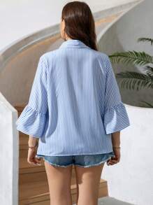 SHEIN LUNE 大尺碼喇叭袖條紋襯衫