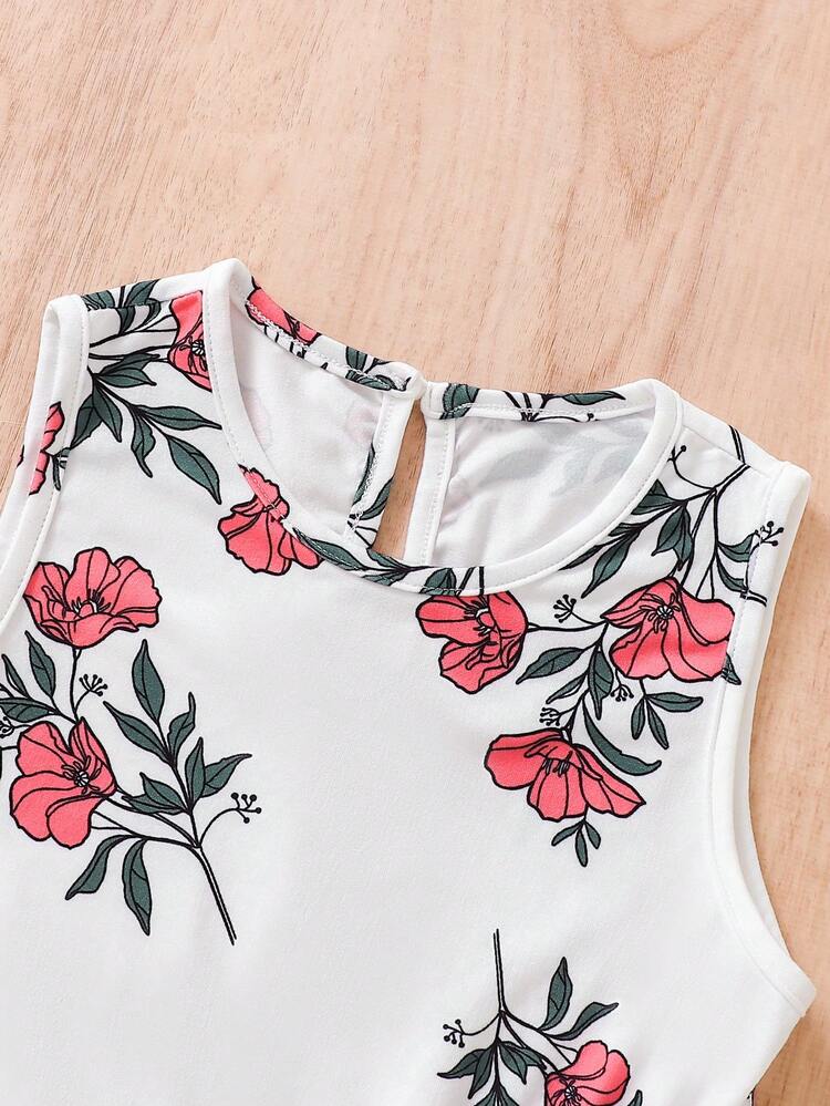 SHEIN Ranita Sin Mangas Con Estampado Floral Para Niña Joven. - Blanco - Añade 3