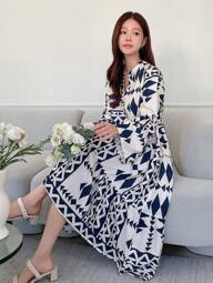 DAZY Vestido de manga larga con cuello en pico, manga acampanada y ajuste holgado con estampado geométrico, volantes, ropa de otoño