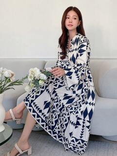 DAZY Geometric Pattern Printed Notched Neck Flared Sleeve Loose Fit Dress,Ruffle,Fall Clothes Long Sleeve Dress