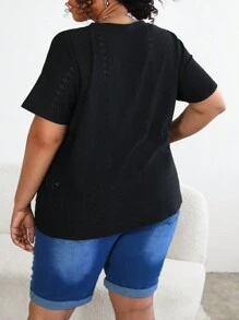 SHEIN CURVE+ Plus Size Round Collar Solid Color Shirt With Eyelet Detailing Embroidery