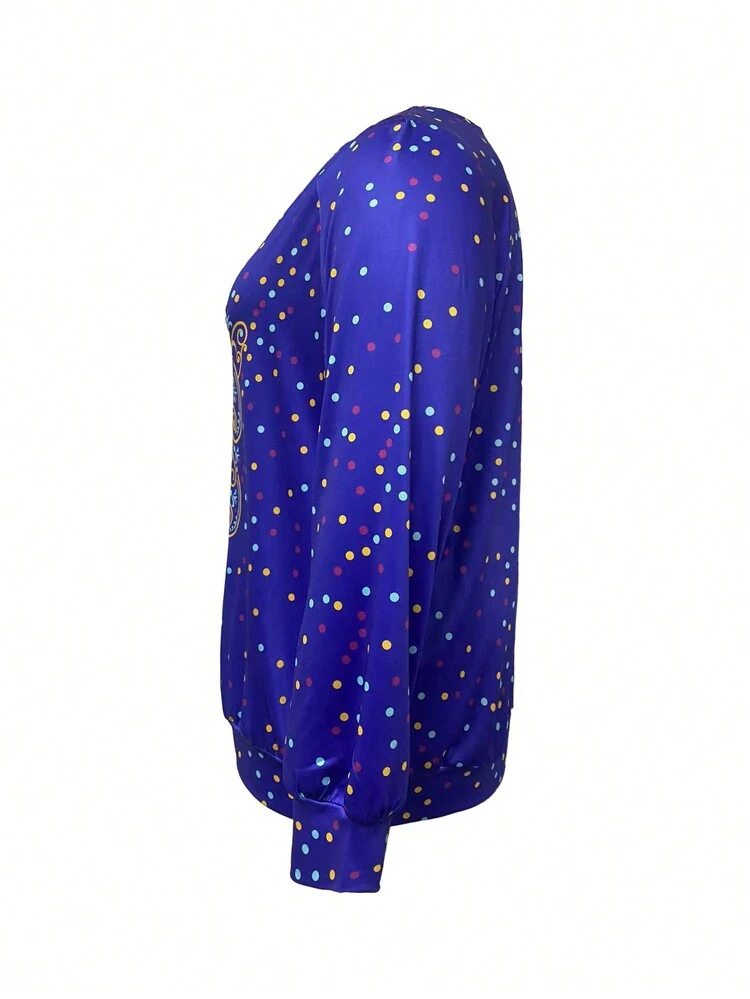 Plus Size Women's Polka Dot & Slogan Print Long Sleeve T-Shirt Fall Cloth For Women