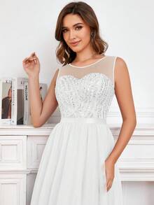 Women's White Round Neckline Colorblock Sequin Back Zipper Wedding Dress - White - View 4