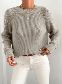 EURMUSE Women's Round Neck Raglan Long Sleeve Sweater - Apricot - View 3