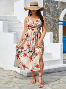 SHEIN VCAY Aprikot Blumenprint Strandkleid mit Spagettiträgern für Damen Große Größen, ideal für Sommurlaub