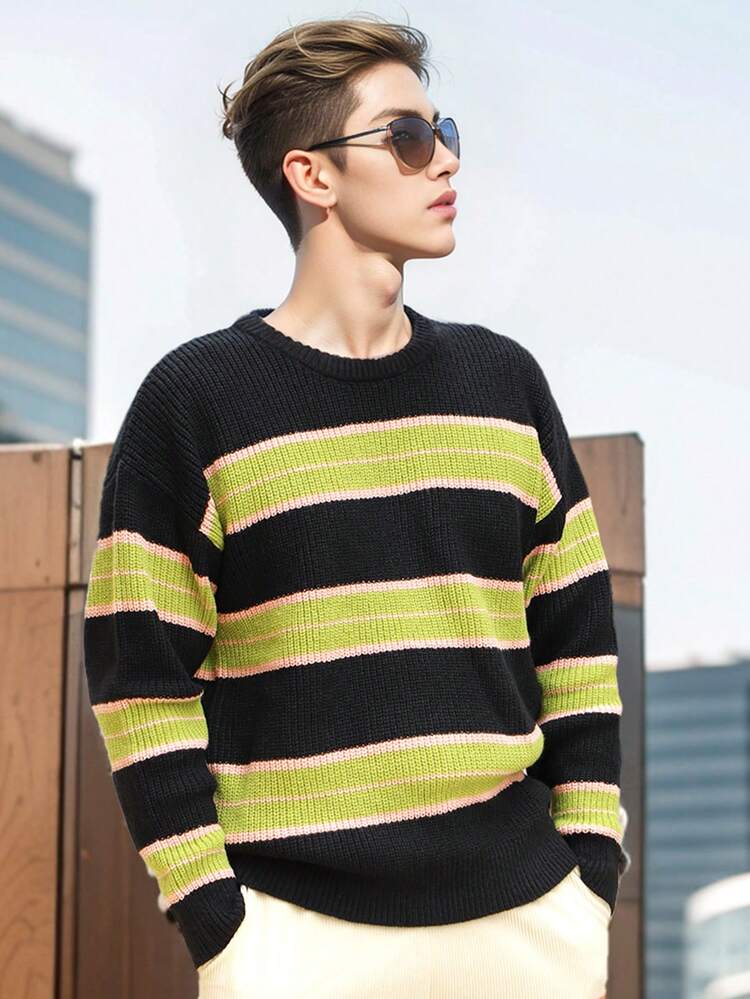 Men's Striped Drop-Shoulder Long-Sleeved Sweater