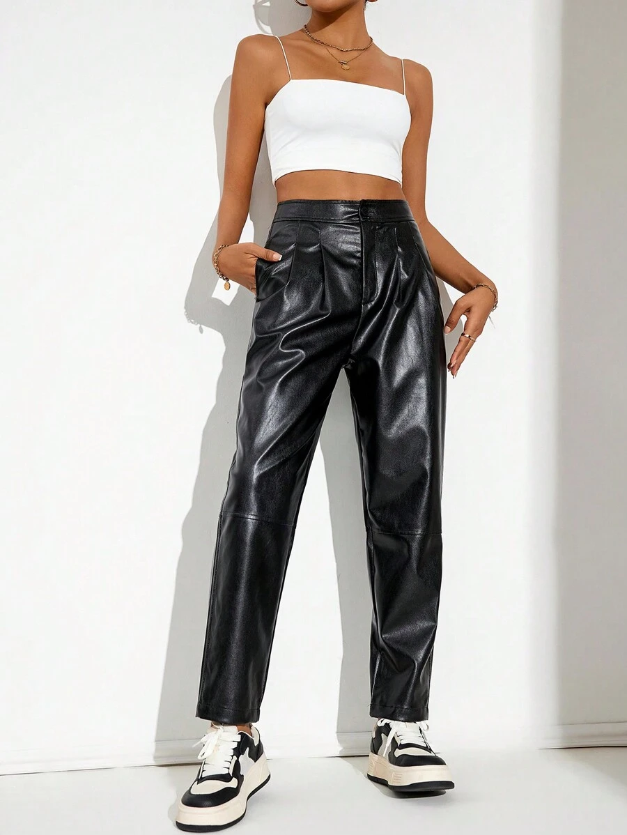SHEIN Essnce Pleated Faux Leather Pants - Black - View 1