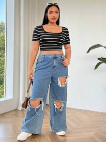 SHEIN EZwear 大码条纹修身短款 T 恤，夏季 - 黑與白 - 查看 4