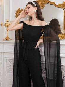 Modelyn 女士露肩網紗開叉長袖連身褲 - 黑色 - 查看 6