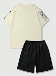 ROMWE MEN Goth Men's Virgin Mary & Angel Slogan Print T-Shirt And Shorts Set - Khaki - View 2