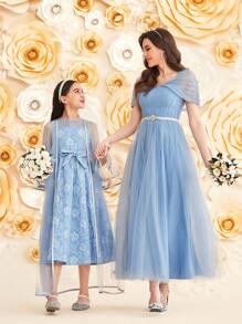 SHEIN Tween Girls' Loose Fit Casual Jacquard Dress With Mesh Jacket 2pcs/Set